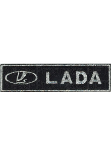 Шеврон для автомобиля (прямоугольник) LADA (ЛАДА) с логотипом - черный фон, серый кант, метанить