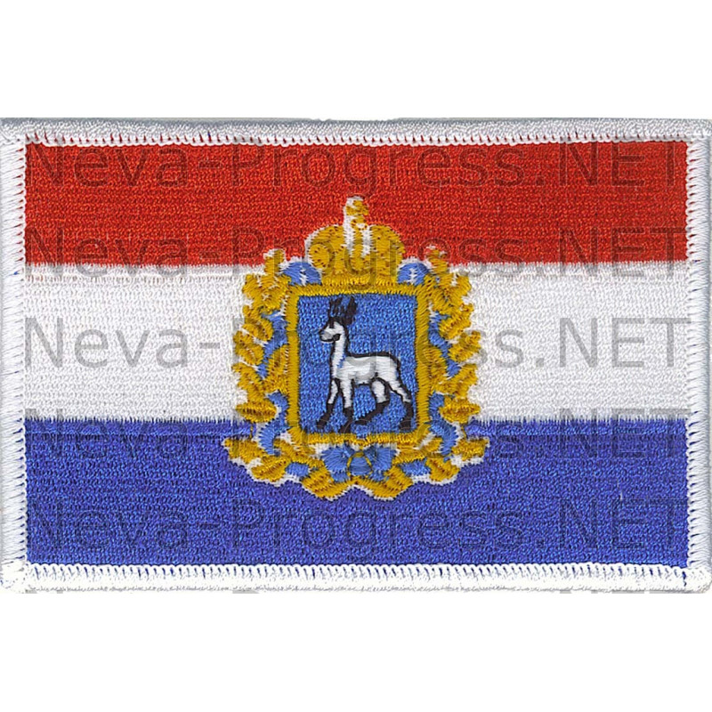 Шеврон Герб Самарской области на фоне флага России, прямоугольник, белый оверлок