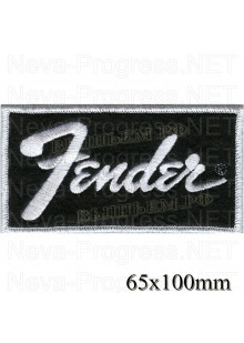 Шеврон РОК атрибутика "Fender" (гитары) белая вышивка, черный фон, липучка или термоклей.
