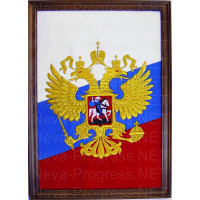 Герб России на фоне флага России в рамке. А4