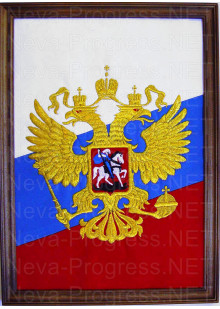 Герб России на фоне флага России в рамке. А4